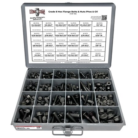 Boltsandnuts.Com Inch Grade 8 Hex Flange Frame Bolts & Lock Nuts Black Assortment - 352 PCS Assortment Kit #166